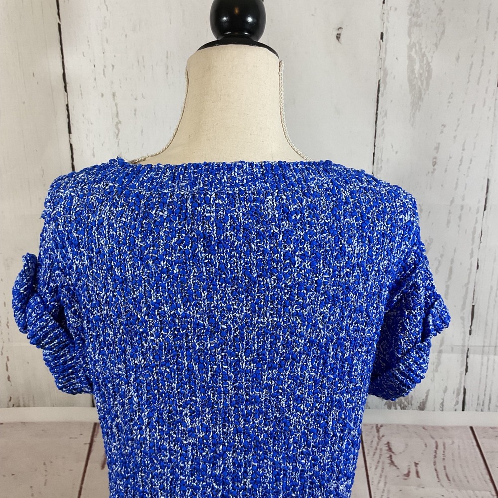Milly New York Sweater Top S Blue Textured Popcorn Knit Button Tab Short Sleeve - Picture 10 of 15